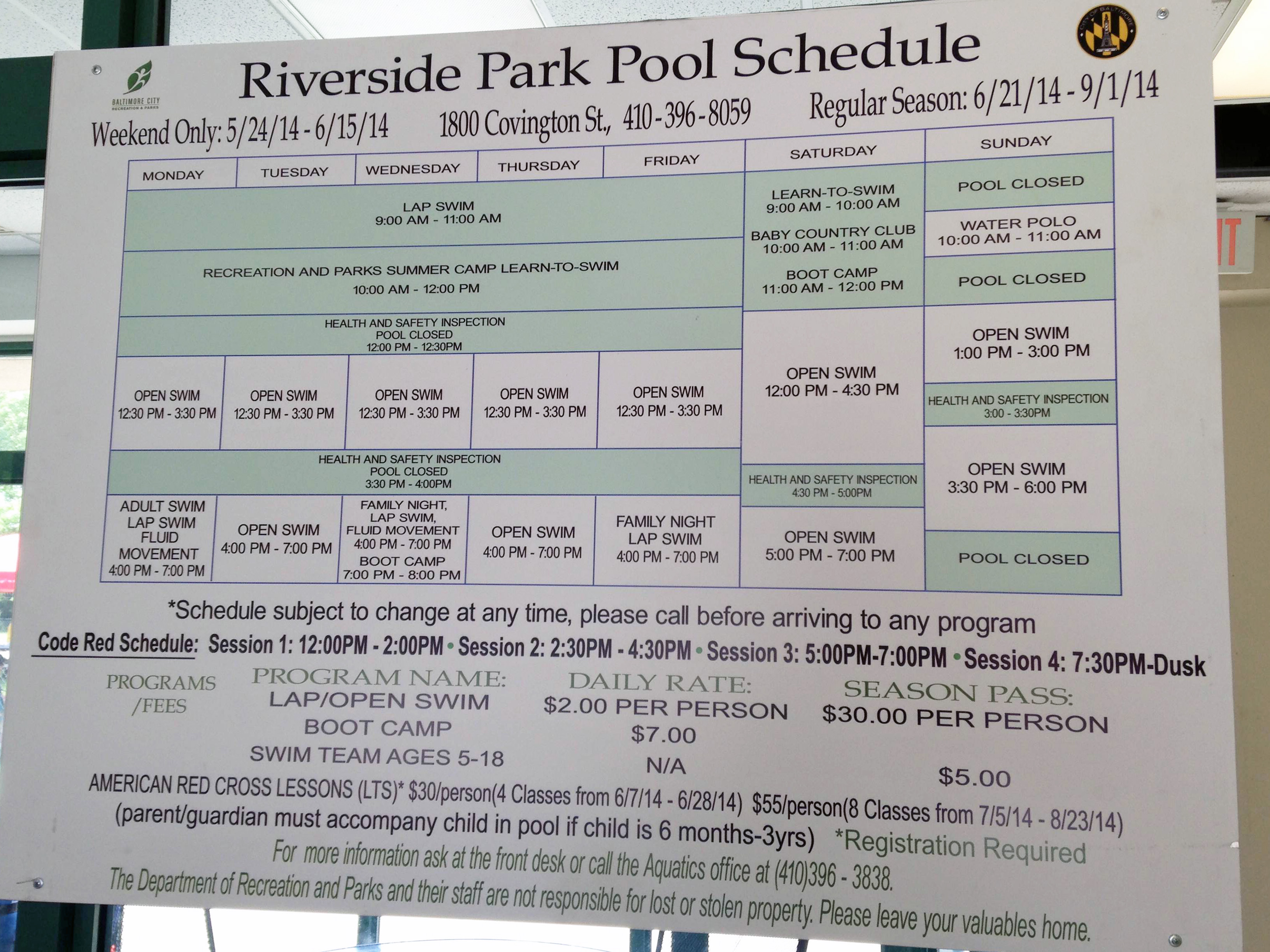 Riverside Pool Schedule – Summer 2014 – Riverside Neighborhood Association